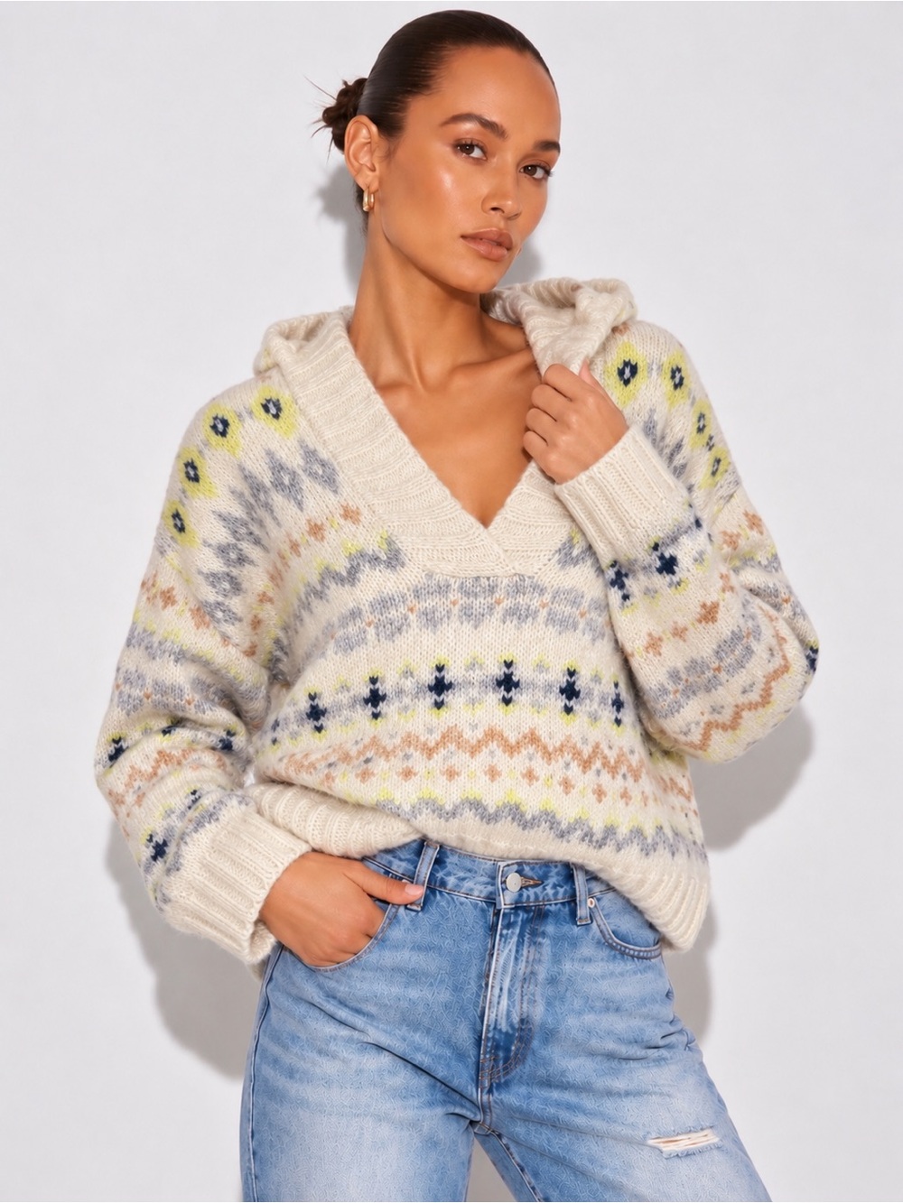 American Eagle Fair Isle Hooded Sweater M Wool Blend Oversized Nordic Knit Fall